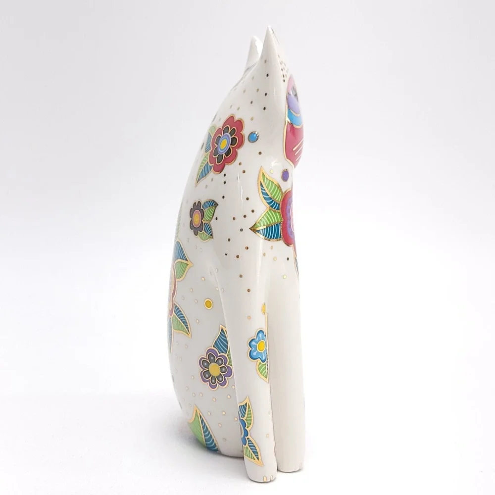 Vintage 1996‎ Laurel Burch Porcelain Floral Cat Clock White, Gold TESTED WORKING
